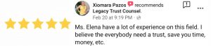 Xiomara Pazos, testimonial, legacy trust counsel, personal injury attorney, Elena Ortega Tauler, Lawyer, Attorney offices in Miami, Law Offices in Miami.